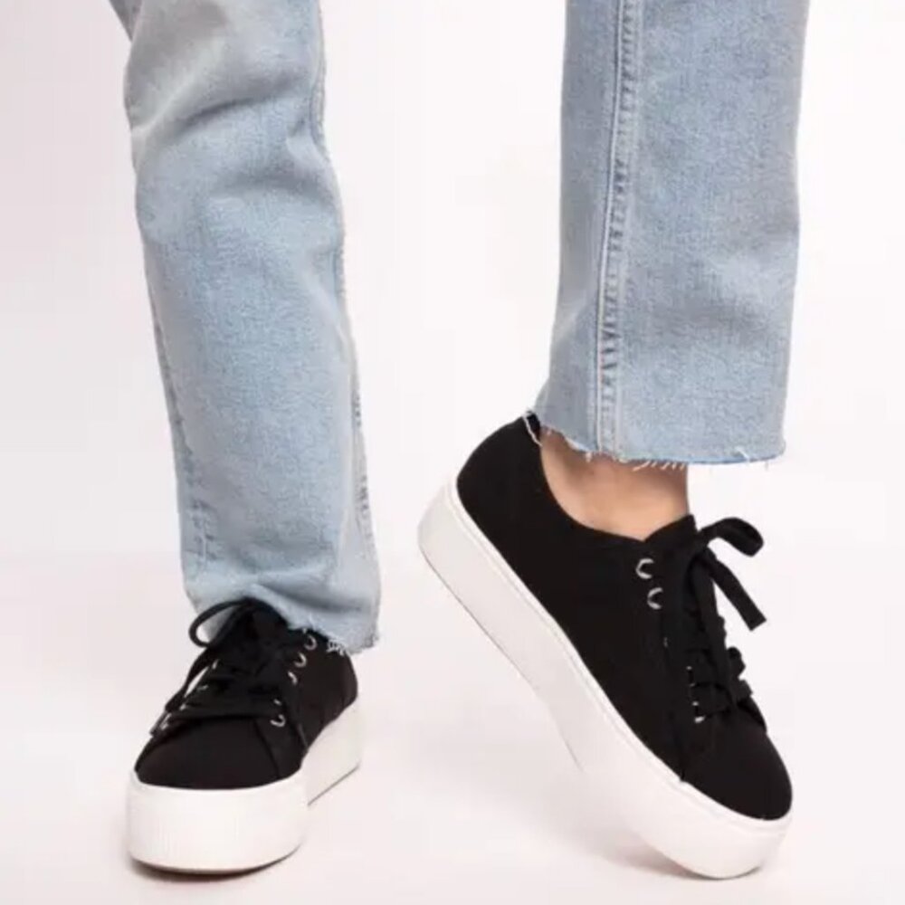 Steve‎ Madden Emmi Black Canvas Platform Sneakers Womens 7.5M Casual Lace Up Gym